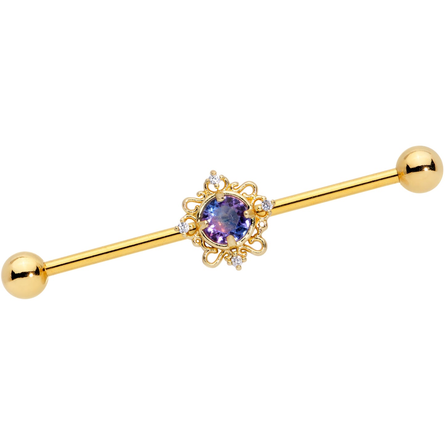 14G Purple Tourmaline Gold Tone Filigree Industrial Barbell 38mm