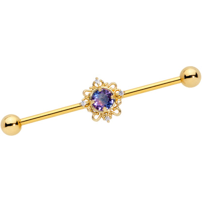 14G Purple Tourmaline Gold Tone Filigree Industrial Barbell 38mm