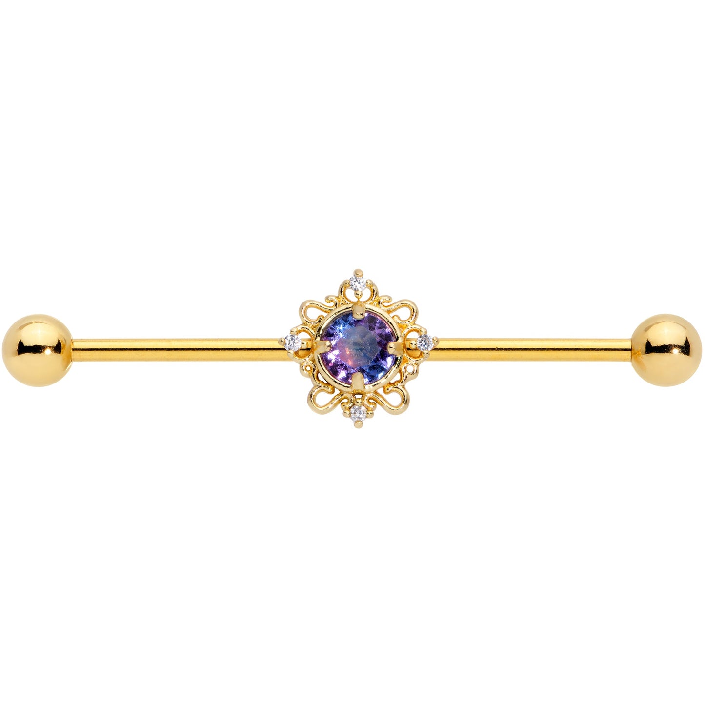 14G Purple Tourmaline Gold Tone Filigree Industrial Barbell 38mm