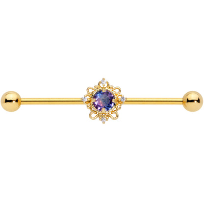 14G Purple Tourmaline Gold Tone Filigree Industrial Barbell 38mm