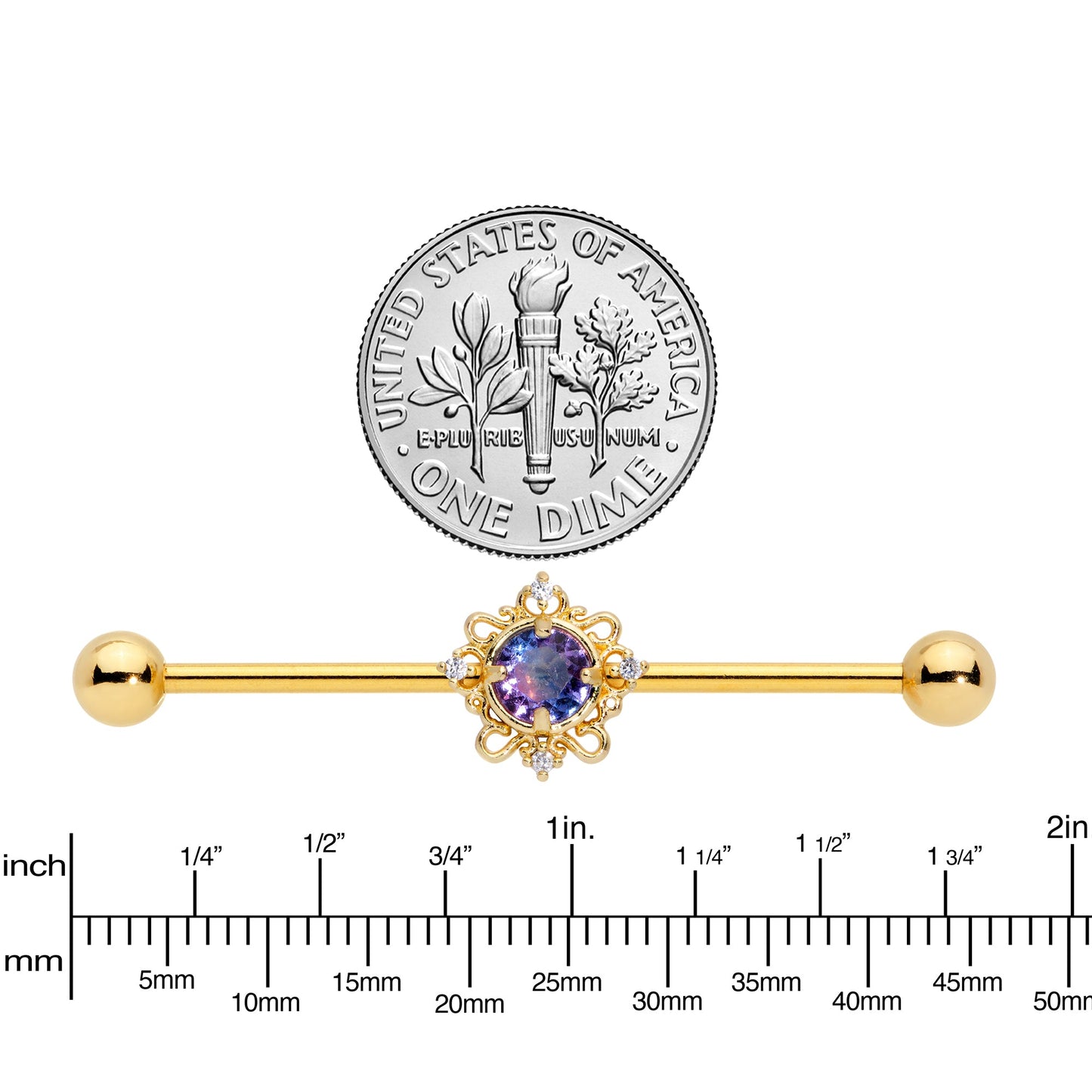 14G Purple Tourmaline Gold Tone Filigree Industrial Barbell 38mm