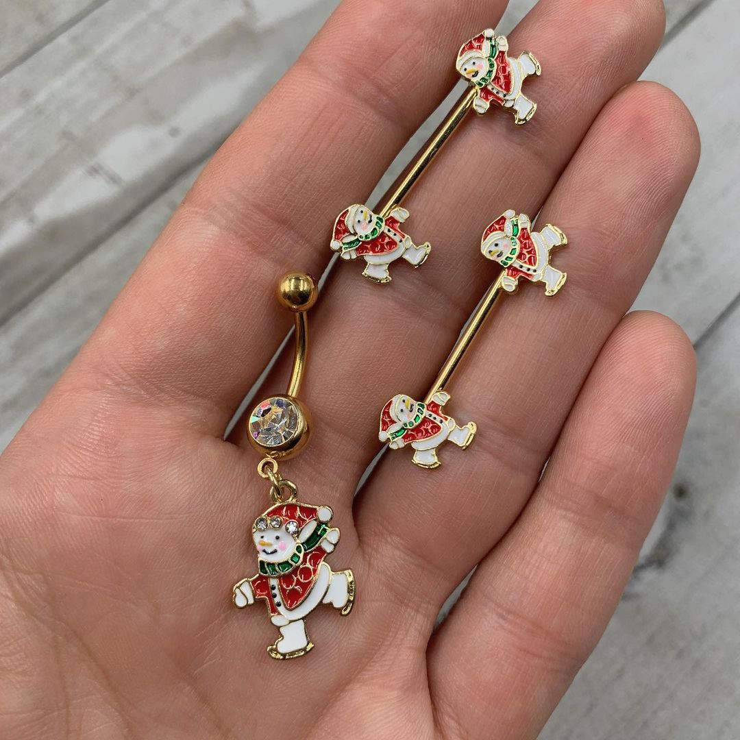 14G 9/16 Gold Tone Ice Skate Snowman Christmas Nipple Ring Set