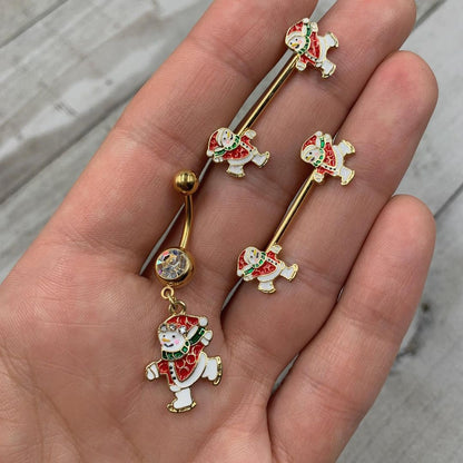 14G 9/16 Gold Tone Ice Skate Snowman Christmas Nipple Ring Set
