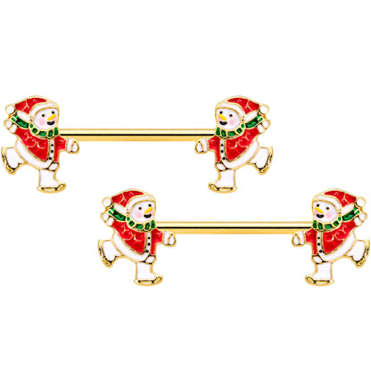 14G 9/16 Gold Tone Ice Skate Snowman Christmas Nipple Ring Set