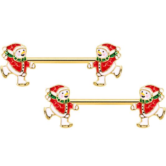 14G 9/16 Gold Tone Ice Skate Snowman Christmas Nipple Ring Set