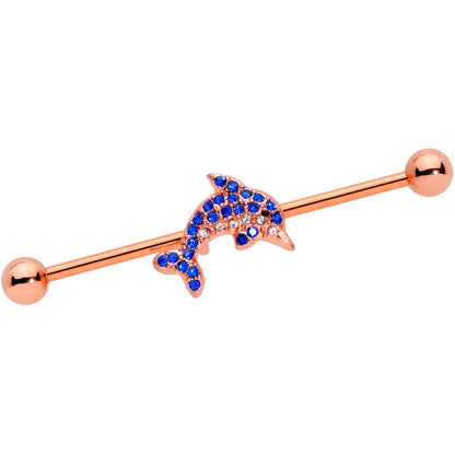 14G Blue Gem Rose Gold Tone Dolphin Industrial Barbell 38mm