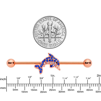 14G Blue Gem Rose Gold Tone Dolphin Industrial Barbell 38mm