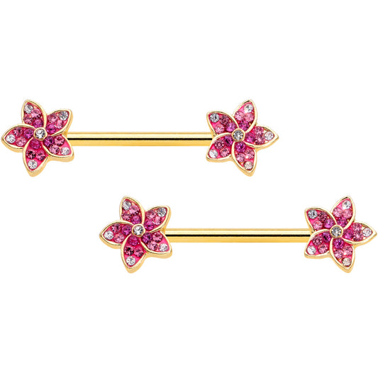 14G 9/16 Purple Gem Gold Tone Flowers Barbell Nipple Ring Set