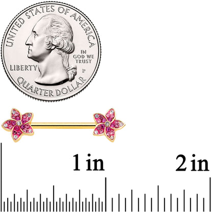 14G 9/16 Purple Gem Gold Tone Flowers Barbell Nipple Ring Set