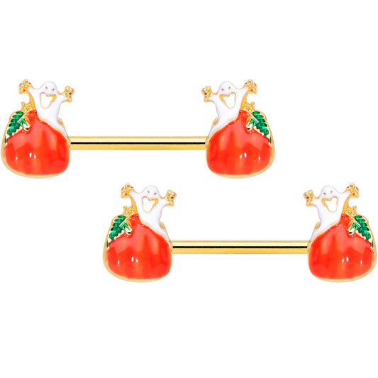 14G 9/16 Gold Tone Haunted Pumpkin Halloween Nipple Ring Set
