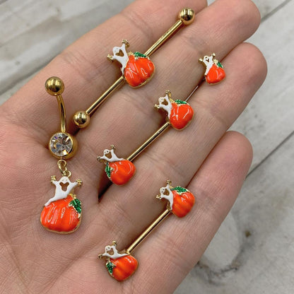 Clear Gem Gold Tone Haunted Pumpkin Halloween Dangle Belly Ring