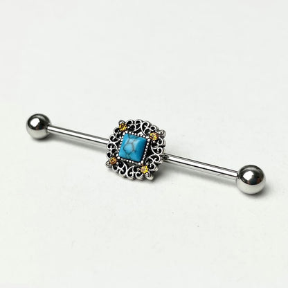 14G Yellow Gem Blue Faux Turquoise Square Industrial Barbell 38mm