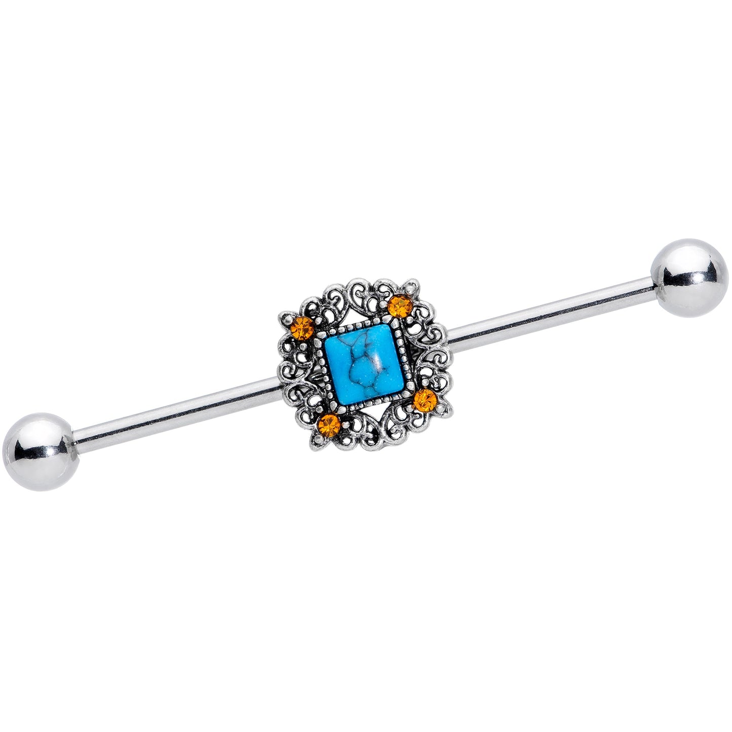 14G Yellow Gem Blue Faux Turquoise Square Industrial Barbell 38mm