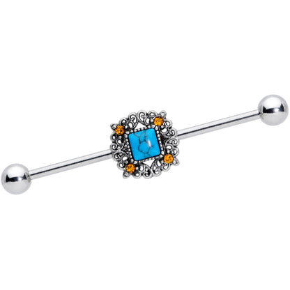 14G Yellow Gem Blue Faux Turquoise Square Industrial Barbell 38mm