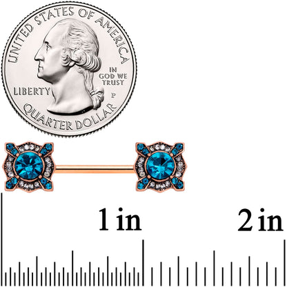 14G 9/16 Aqua Gem Rose Gold Tone Renaissance Nipple Ring Set