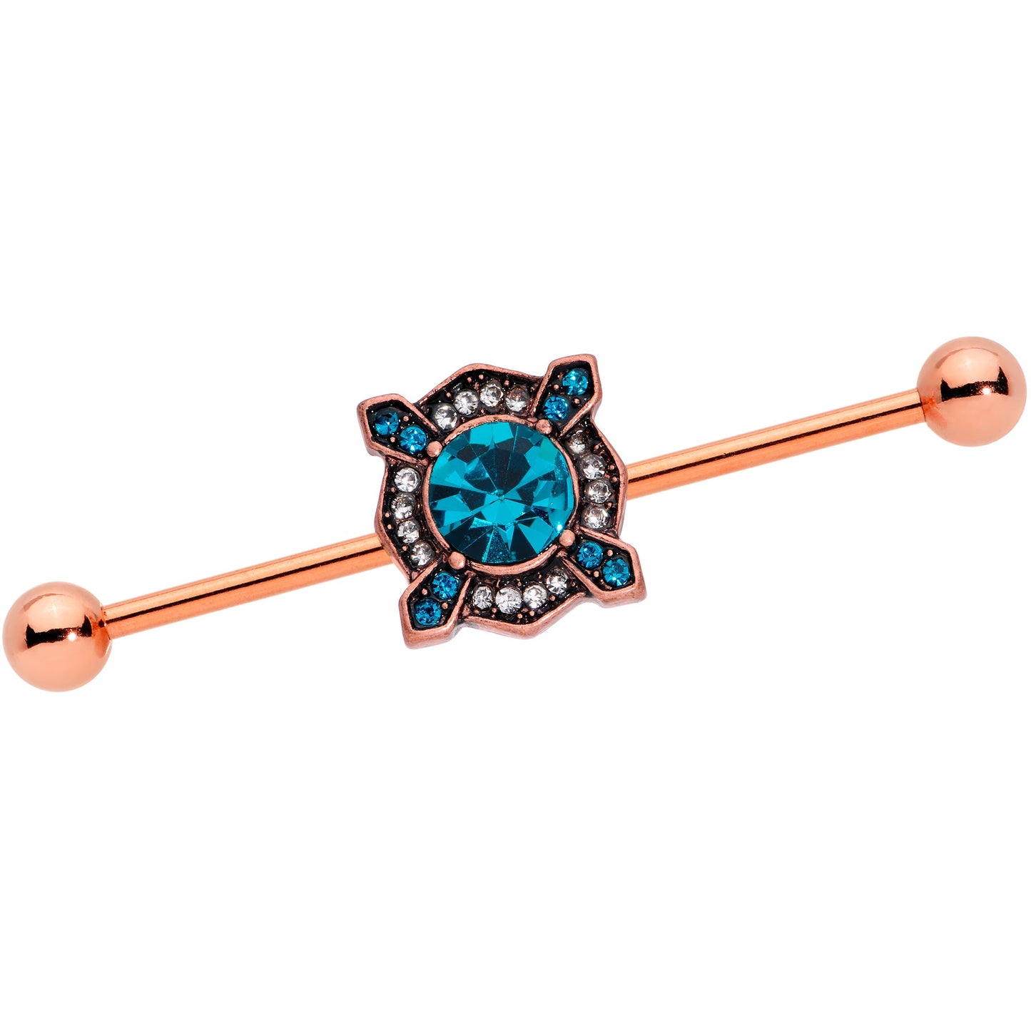 14G Aqua Gem Rose Gold Tone Renaissance Industrial Barbell 38mm