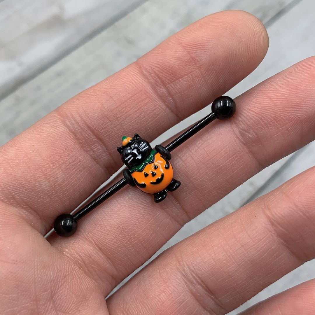 14G Black Cat Pumpkin Halloween Industrial Barbell 38mm