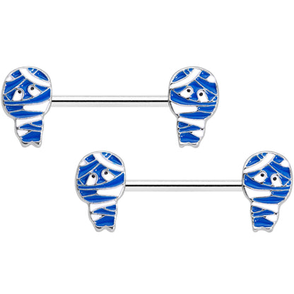 14G 9/16 Blue White Mummy Halloween Barbell Nipple Ring Set