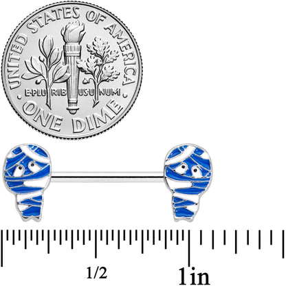 14G 9/16 Blue White Mummy Halloween Barbell Nipple Ring Set