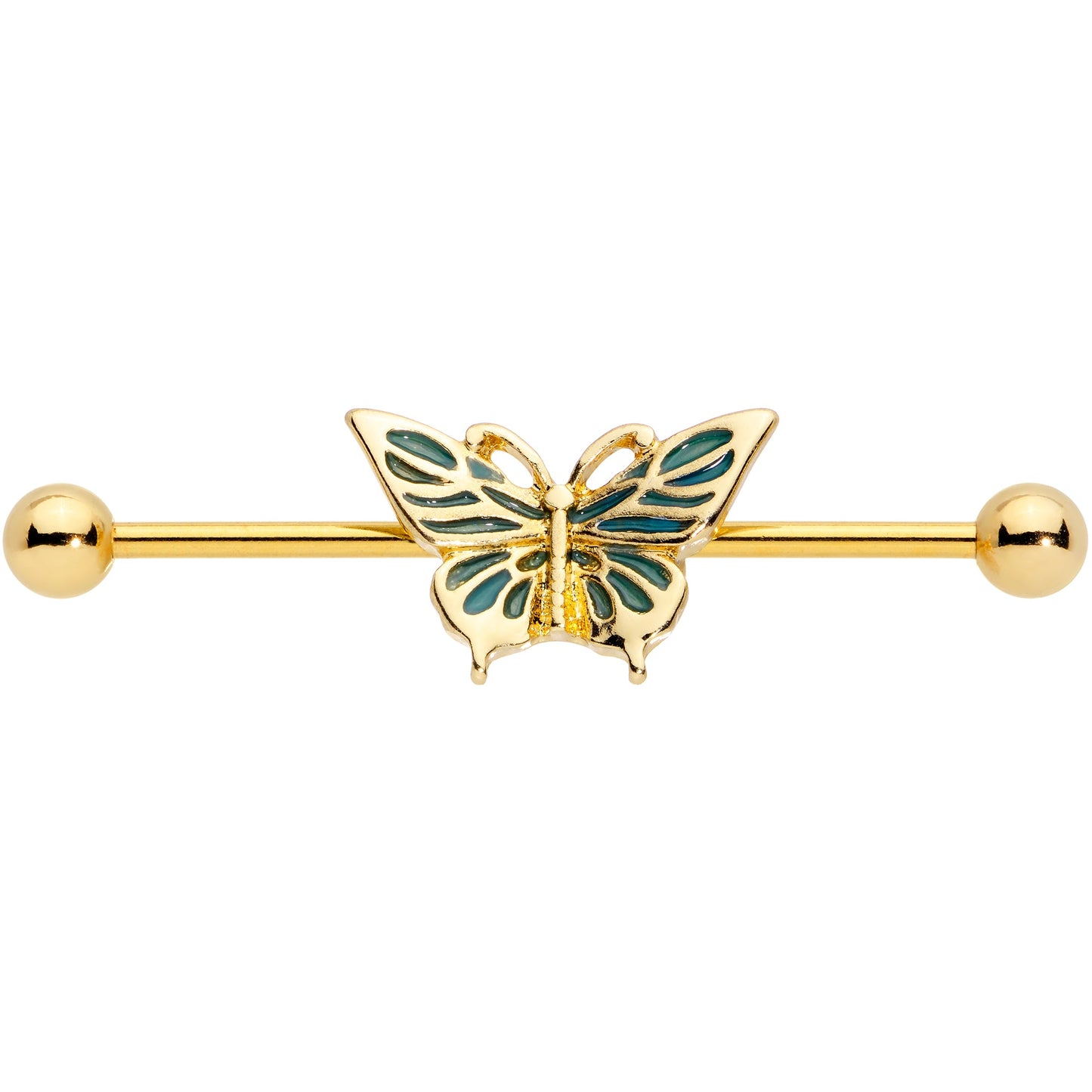 14G Gold Tone Green Inlay Butterfly Industrial Barbell 38mm