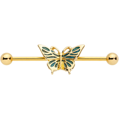 14G Gold Tone Green Inlay Butterfly Industrial Barbell 38mm