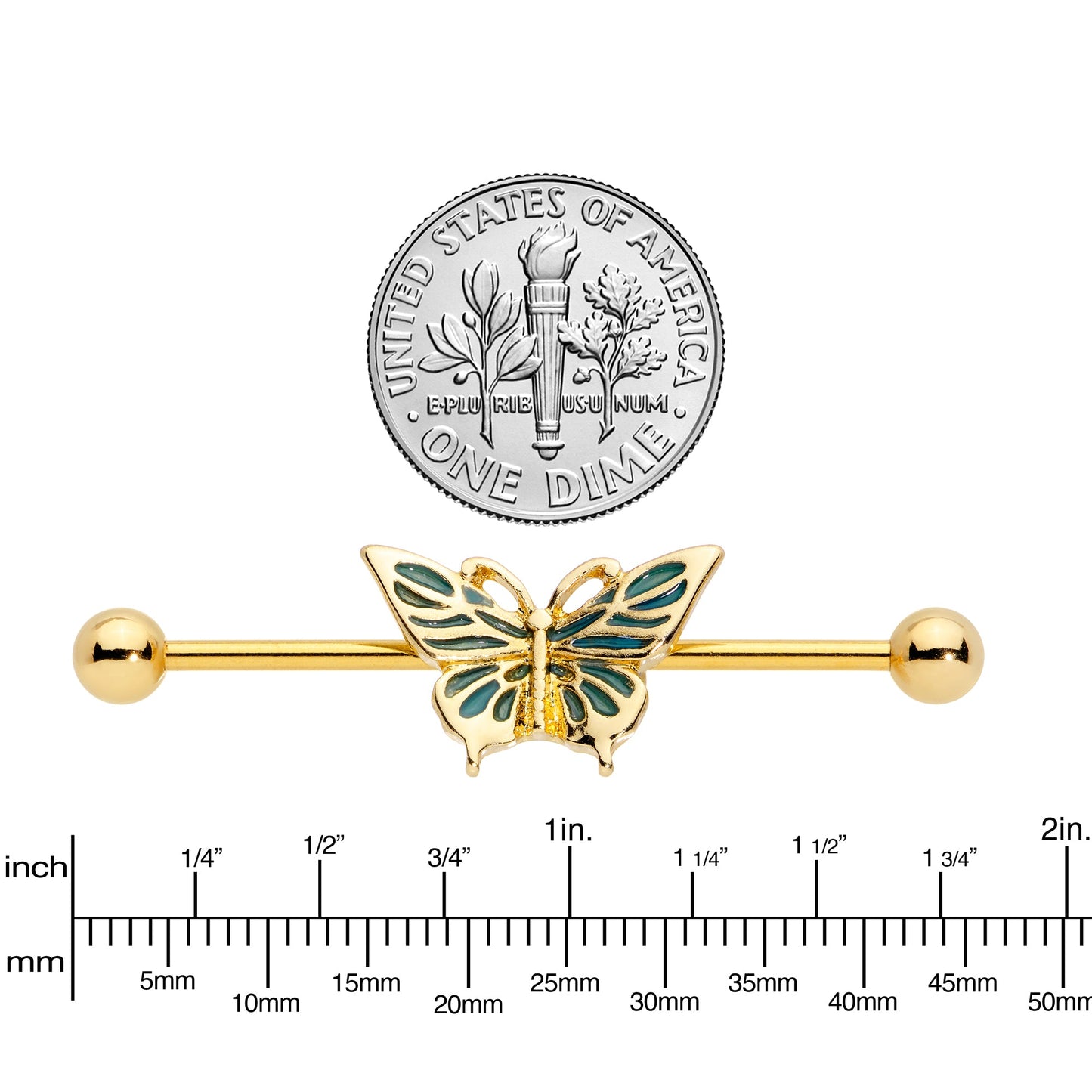 14G Gold Tone Green Inlay Butterfly Industrial Barbell 38mm