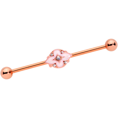 14G Clear Gem Rose Gold Tone Pink Cross Industrial Barbell 38mm