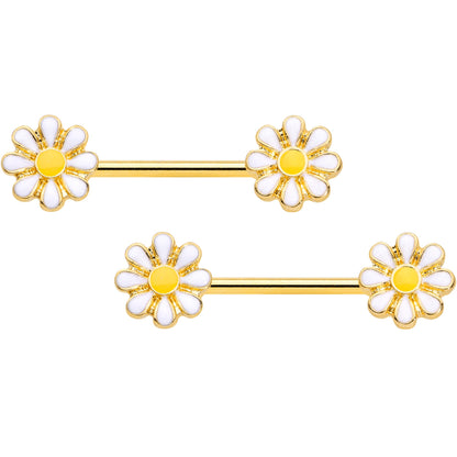 14G 9/16 Gold Tone Happy Daisy Flower Barbell Nipple Ring Set