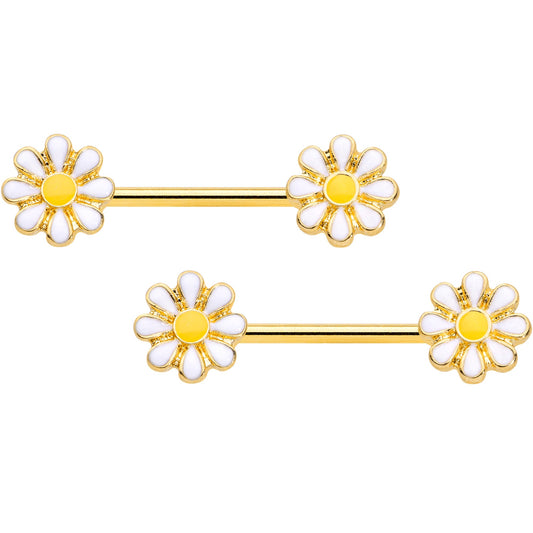 14G 9/16 Gold Tone Happy Daisy Flower Barbell Nipple Ring Set