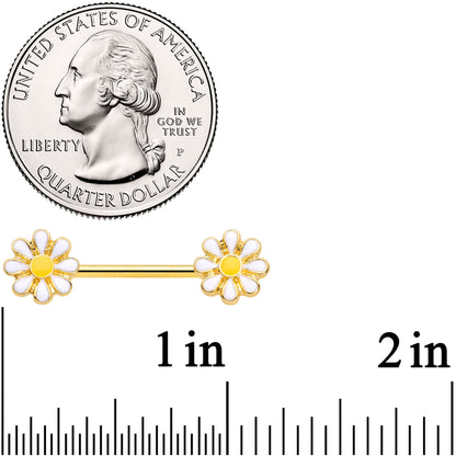 14G 9/16 Gold Tone Happy Daisy Flower Barbell Nipple Ring Set