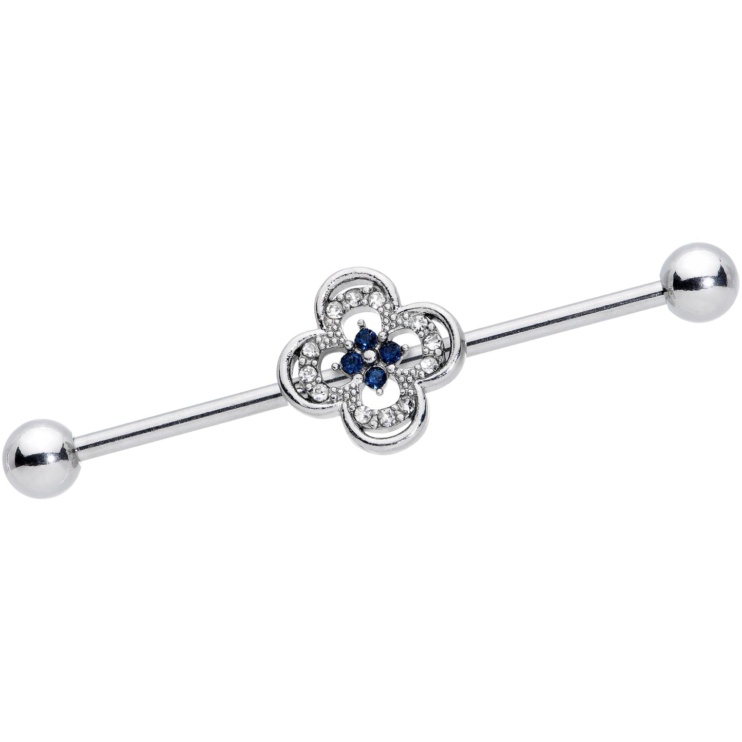14G Blue Gem Stylized Deco Cross Industrial Barbell 38mm