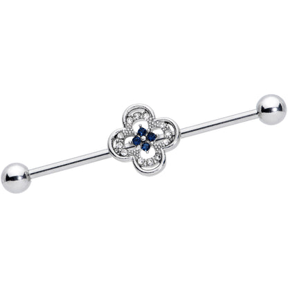 14G Blue Gem Stylized Deco Cross Industrial Barbell 38mm