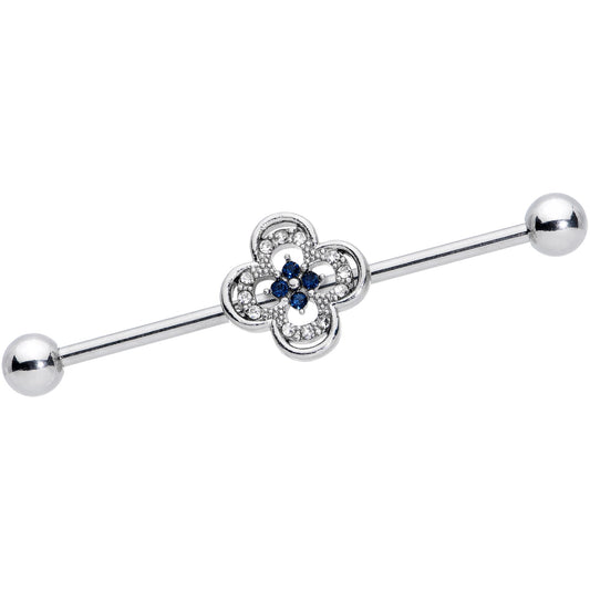 14G Blue Gem Stylized Deco Cross Industrial Barbell 38mm