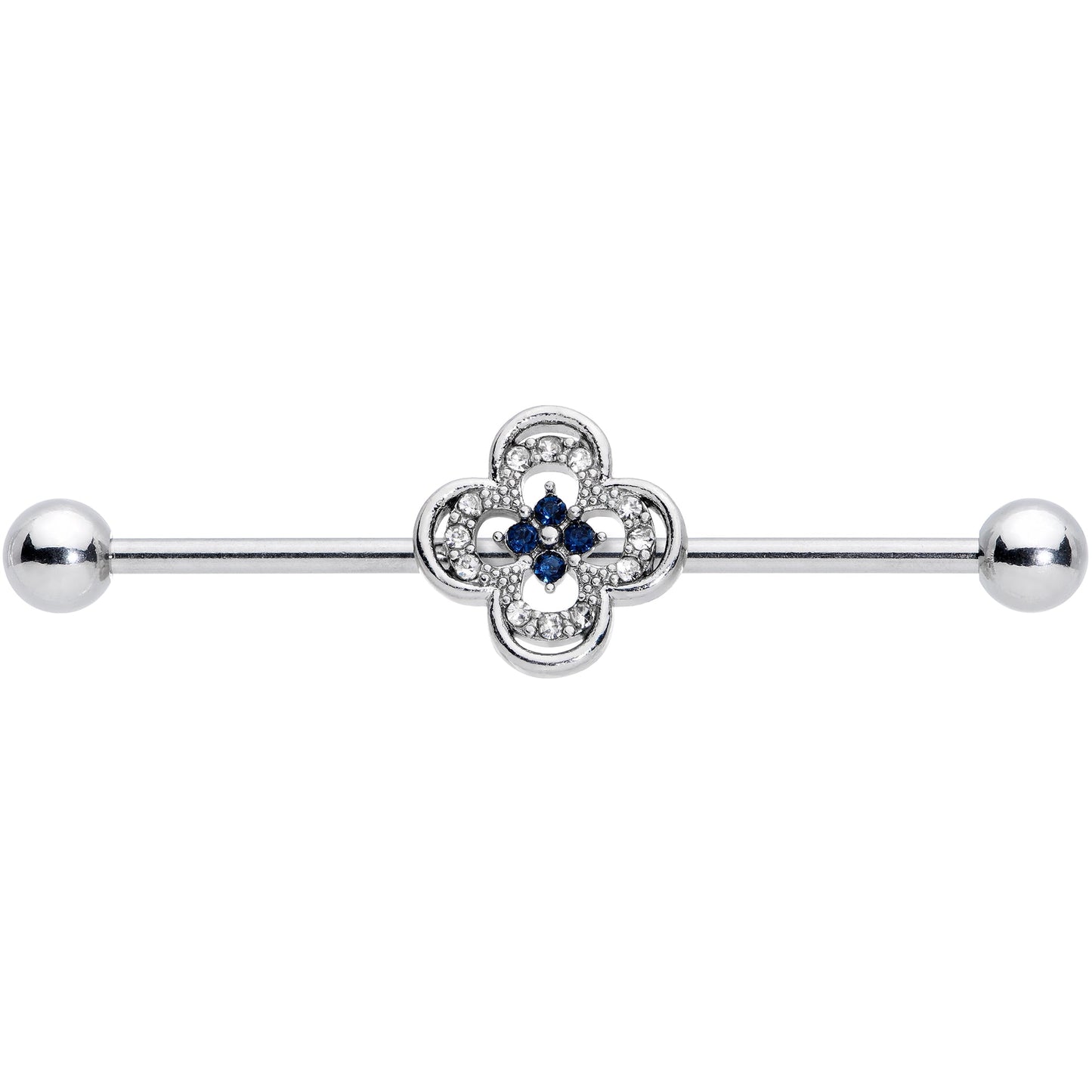 14G Blue Gem Stylized Deco Cross Industrial Barbell 38mm