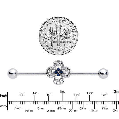 14G Blue Gem Stylized Deco Cross Industrial Barbell 38mm