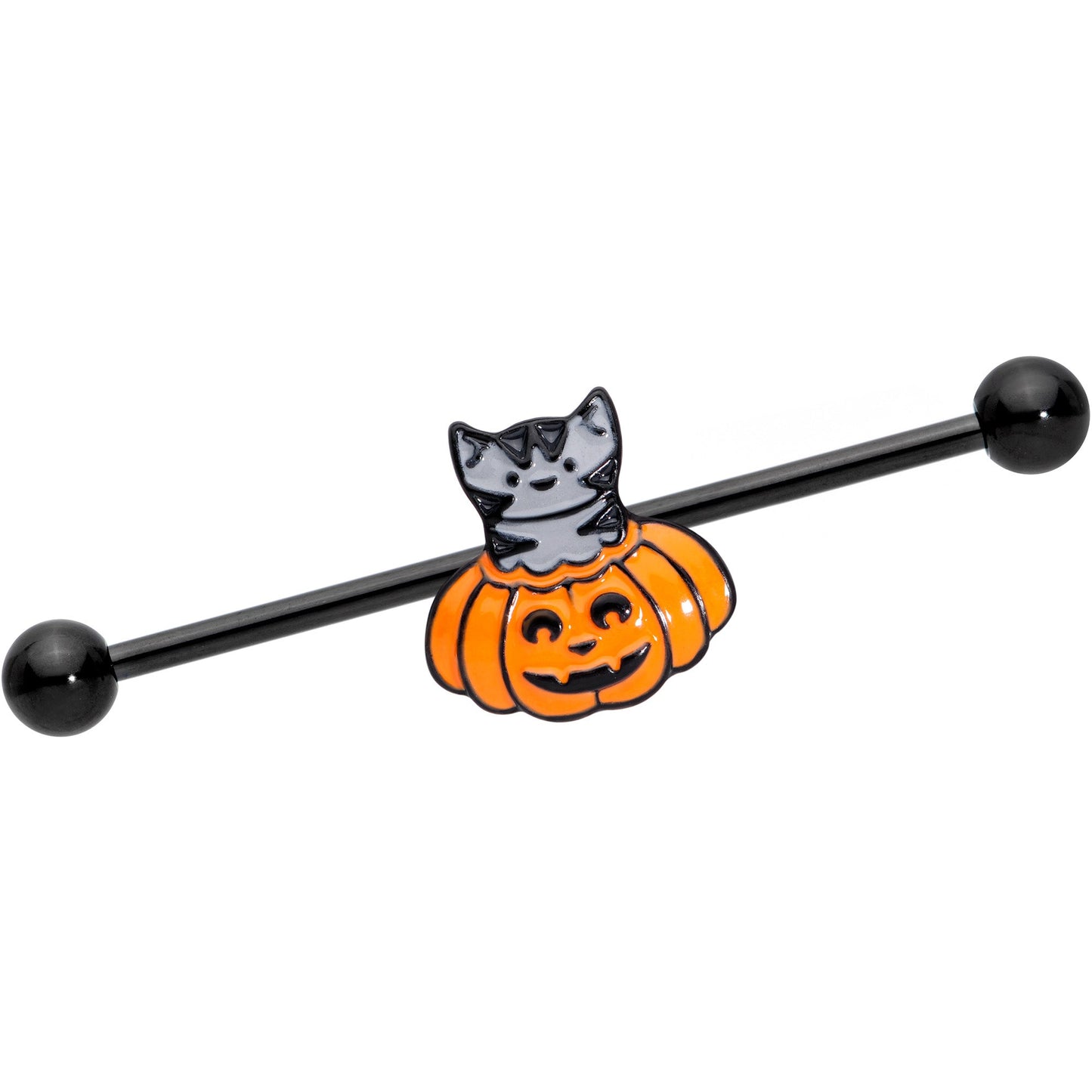 14G Black Tabby Cat Pumpkin Halloween Industrial Barbell 38mm