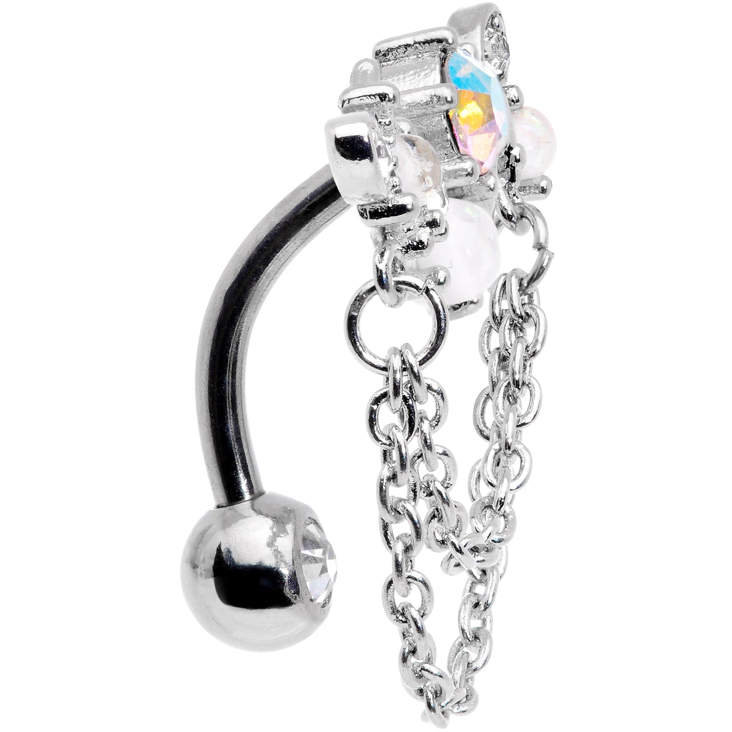 White Faux Opal Aurora Clear Gem Chain Dangle Top Mount Belly Ring