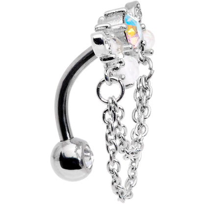 White Faux Opal Aurora Clear Gem Chain Dangle Top Mount Belly Ring