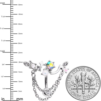 White Faux Opal Aurora Clear Gem Chain Dangle Top Mount Belly Ring