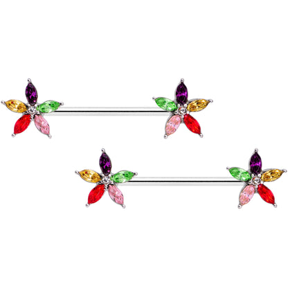 14G 9/16 Rainbow Gem Starry Flower Barbell Nipple Ring Set