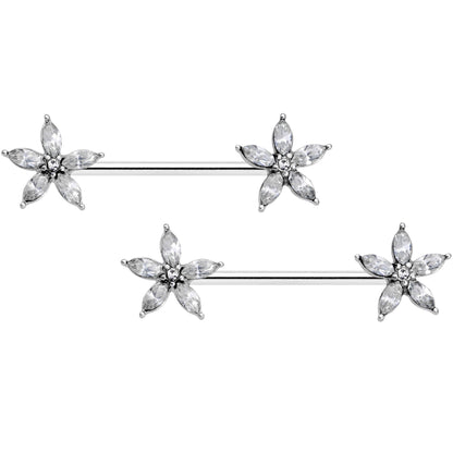 14G 9/16 Clear Gem Starry Flower Barbell Nipple Ring Set