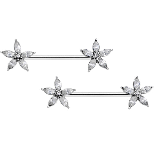 14G 9/16 Clear Gem Starry Flower Barbell Nipple Ring Set