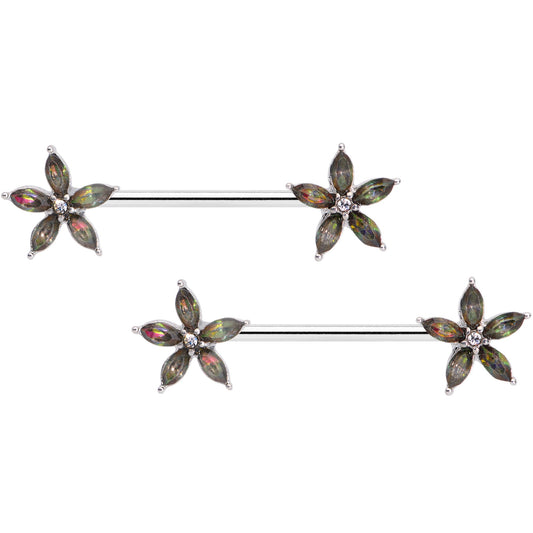 14G 9/16 Dark Aurora Gem Starry Flower Barbell Nipple Ring Set