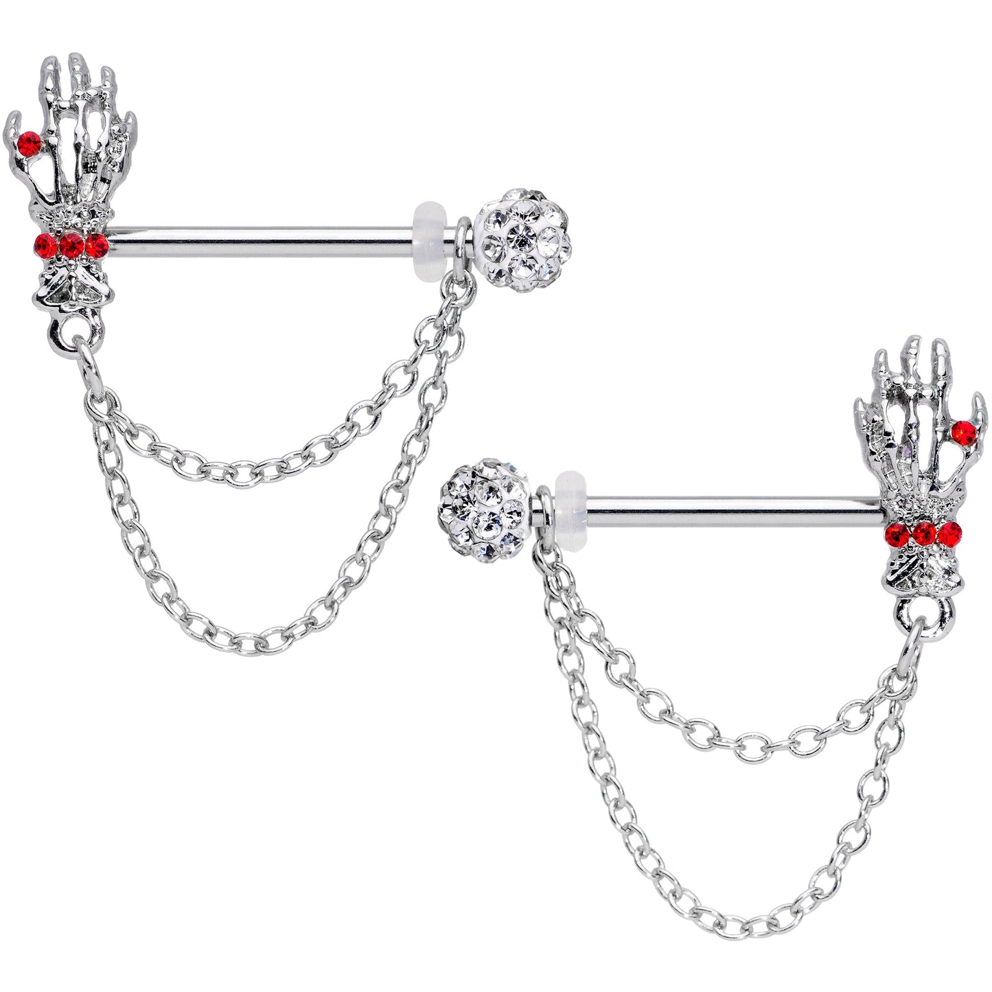 14G 9/16 Red Gem Skeleton Hands Halloween Dangle Nipple Ring Set