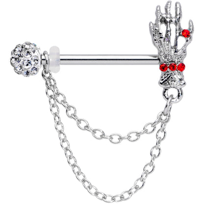 14G 9/16 Red Gem Skeleton Hands Halloween Dangle Nipple Ring Set