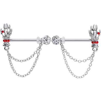 14G 9/16 Red Gem Skeleton Hands Halloween Dangle Nipple Ring Set