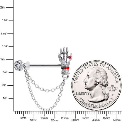 14G 9/16 Red Gem Skeleton Hands Halloween Dangle Nipple Ring Set