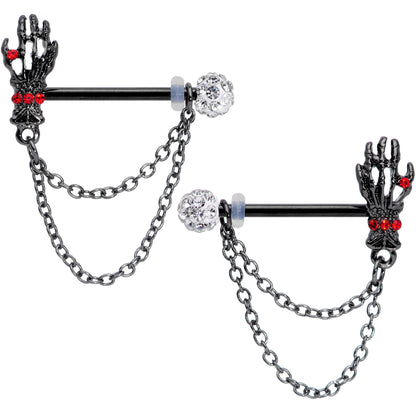 14G 9/16 Red Gem Skeleton Hands Black Halloween Nipple Ring Set