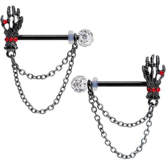 14G 9/16 Red Gem Skeleton Hands Black Halloween Nipple Ring Set