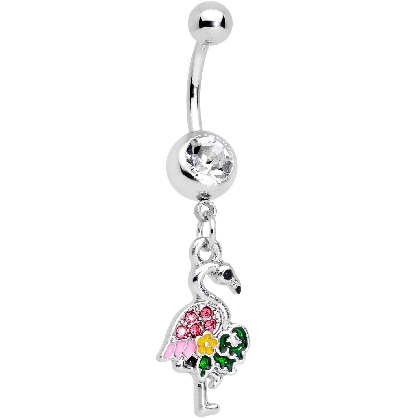 Clear Pink Gem Funky Flamingo Dangle Belly Ring